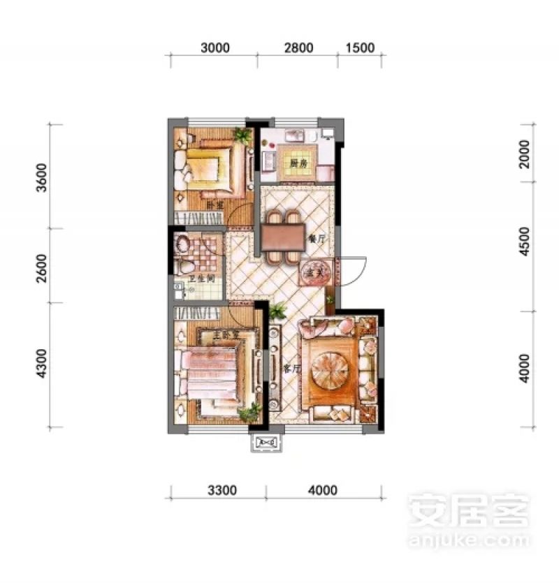 G2户型， 2室2厅1卫0厨， 建筑面积约90.00平米.webp
