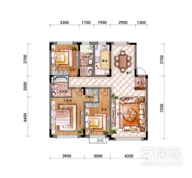 洋房B1户型， 3室2厅2卫， 建筑面积约130.00平米.webp