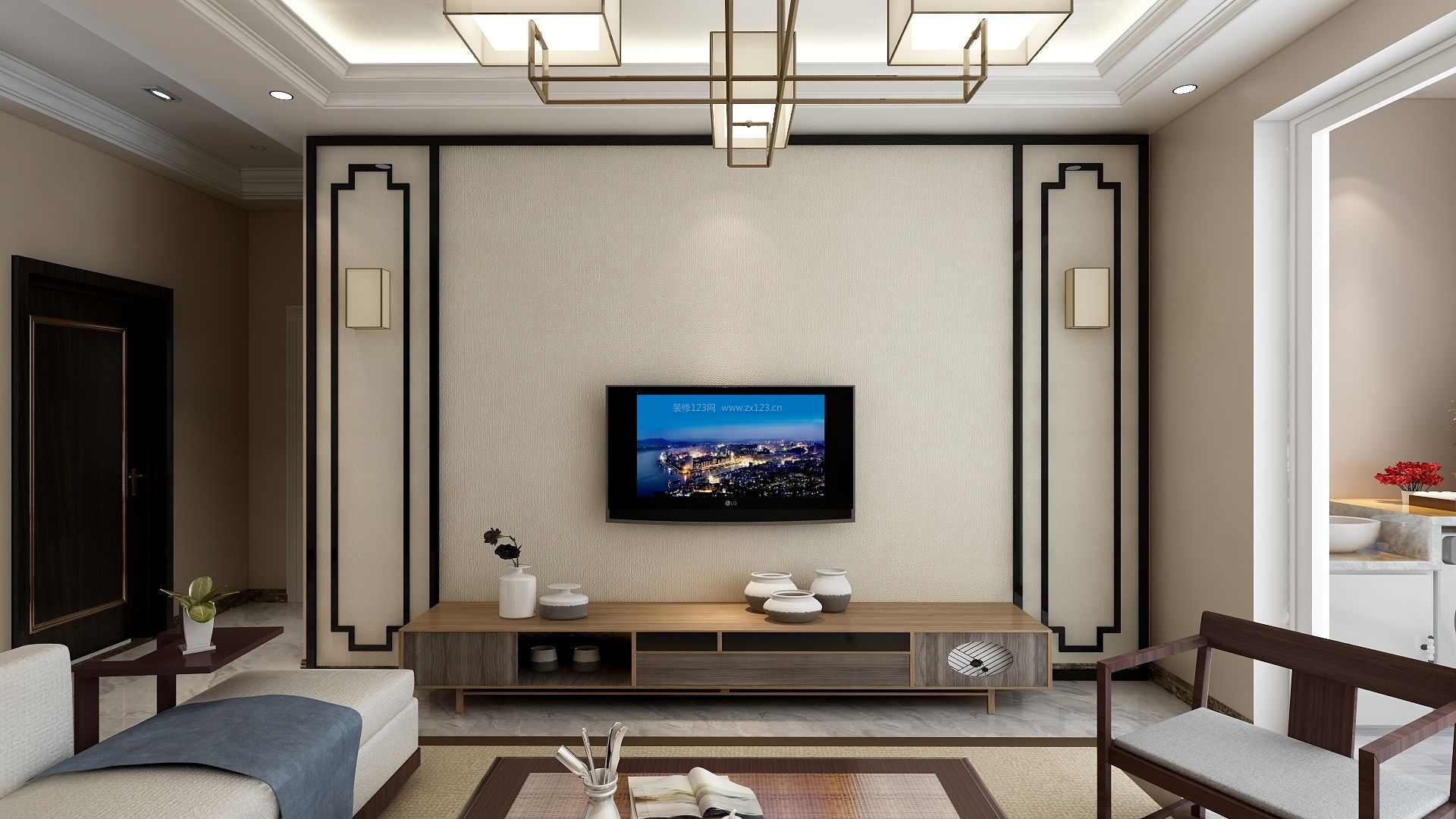 家装效果图 中式 简约新中式小户型客厅电视墙装修效果图 提供者