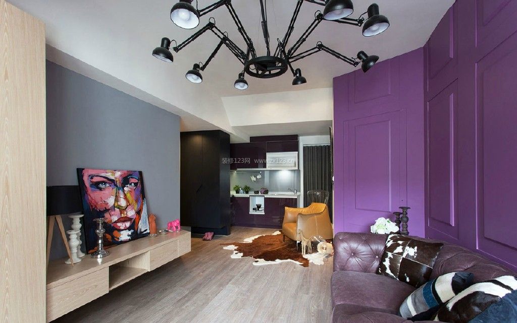 2023时尚混搭风格客厅紫色沙发装修图片