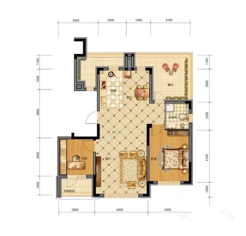 B5_9#6F户型， 2室2厅0卫1厨， 建筑面积约97.00平米.webp