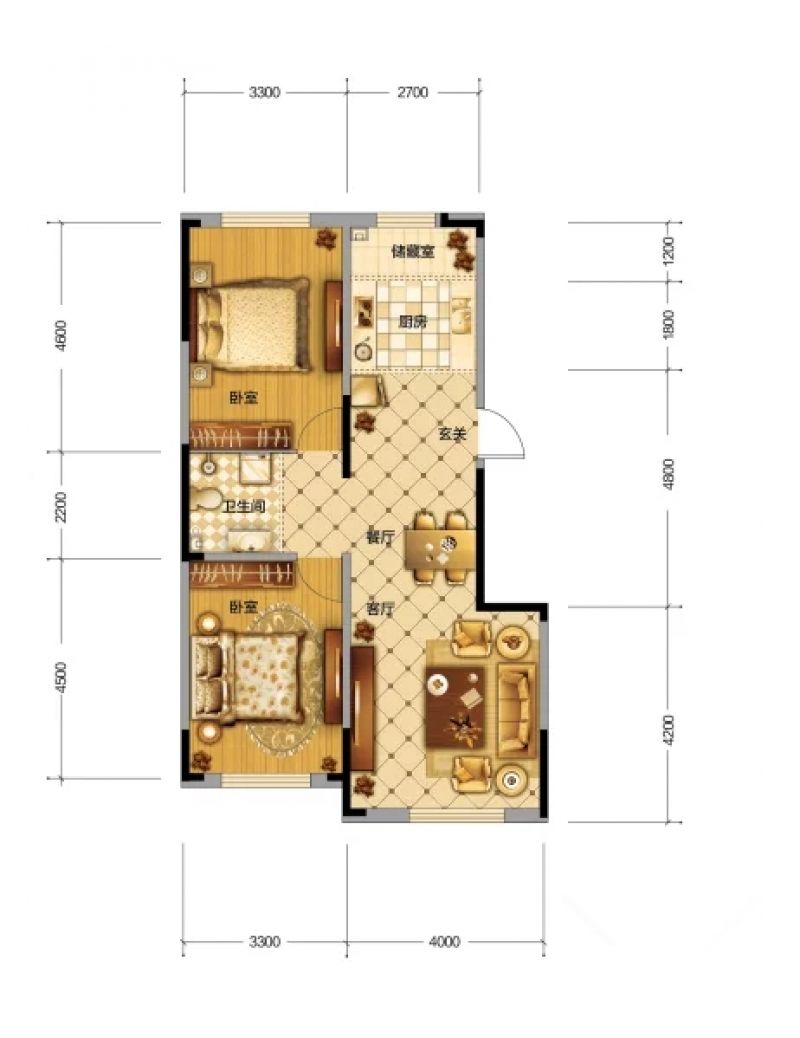 B21#户型， 2室2厅1卫1厨， 建筑面积约95.00平米.webp