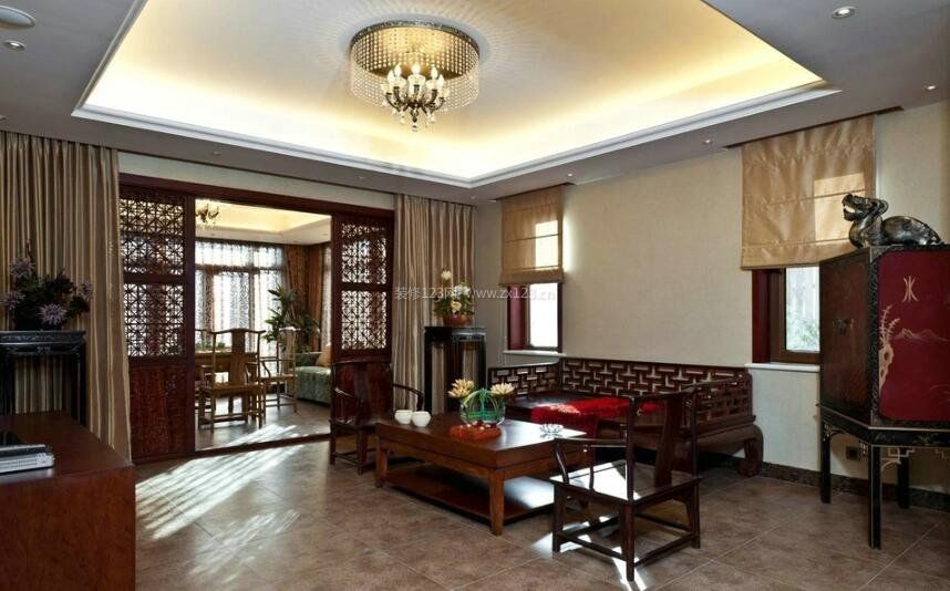新中式古典客厅家具摆放装修设计图