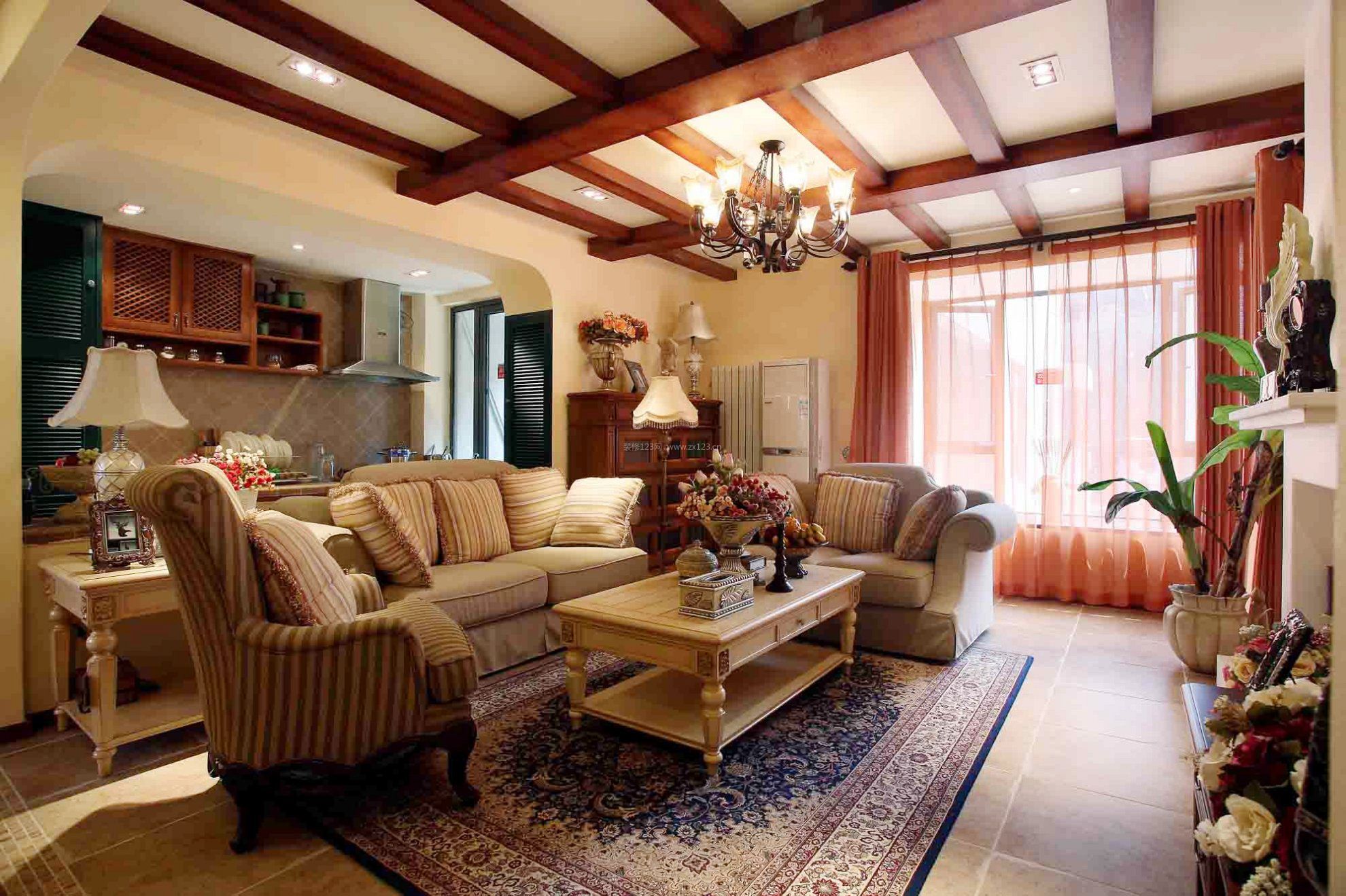 小洋房别墅美式风格客厅波斯地毯设计图片