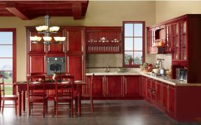 2023美式风格厨房酒红色橱柜设计效果图片