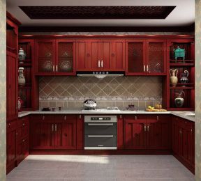 酒红色橱柜图片 新中式厨房装潢效果图