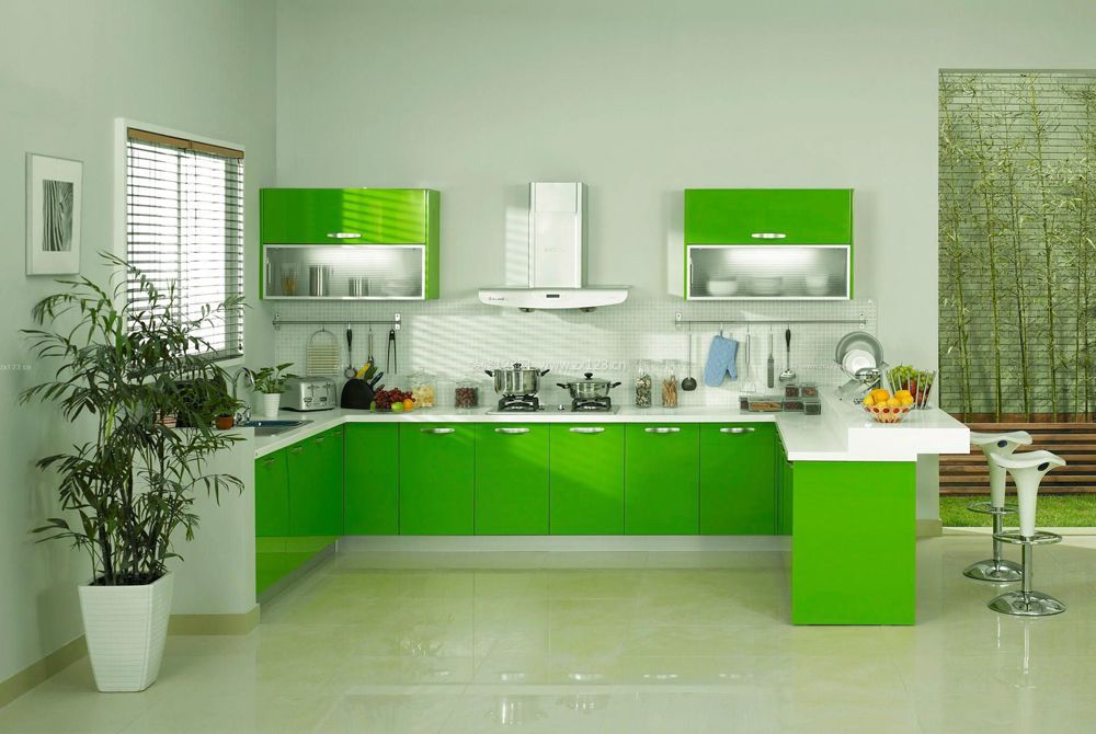2023现代开放厨房果绿色橱柜装修效果图片