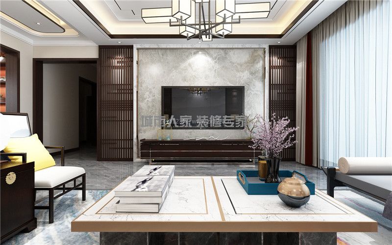 新中式風(fēng)格三居客廳電視墻裝修效果圖片
