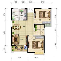 03户型， 3室2厅1卫1厨， 建筑面积约90.00平米