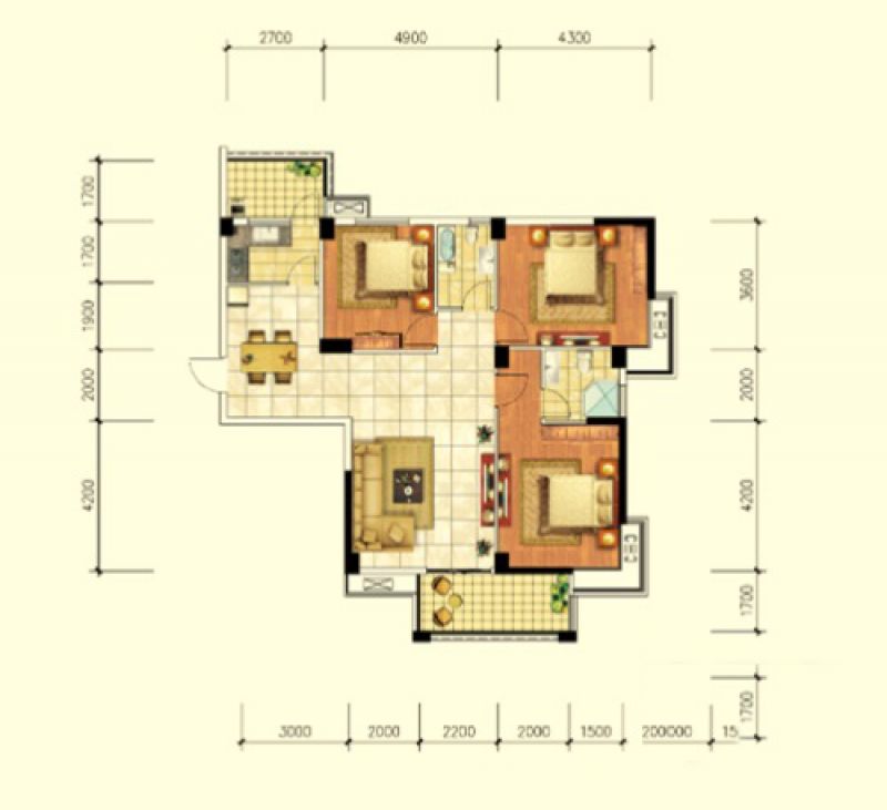 A 户型， 3室2厅2卫0厨， 建筑面积约123.50平米