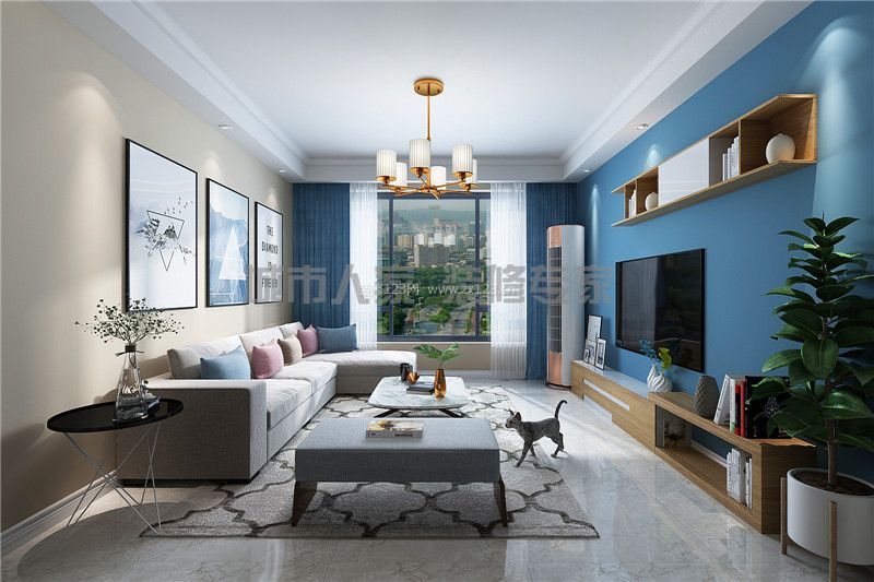 2023简约家庭客厅蓝色电视墙装修设计效果图