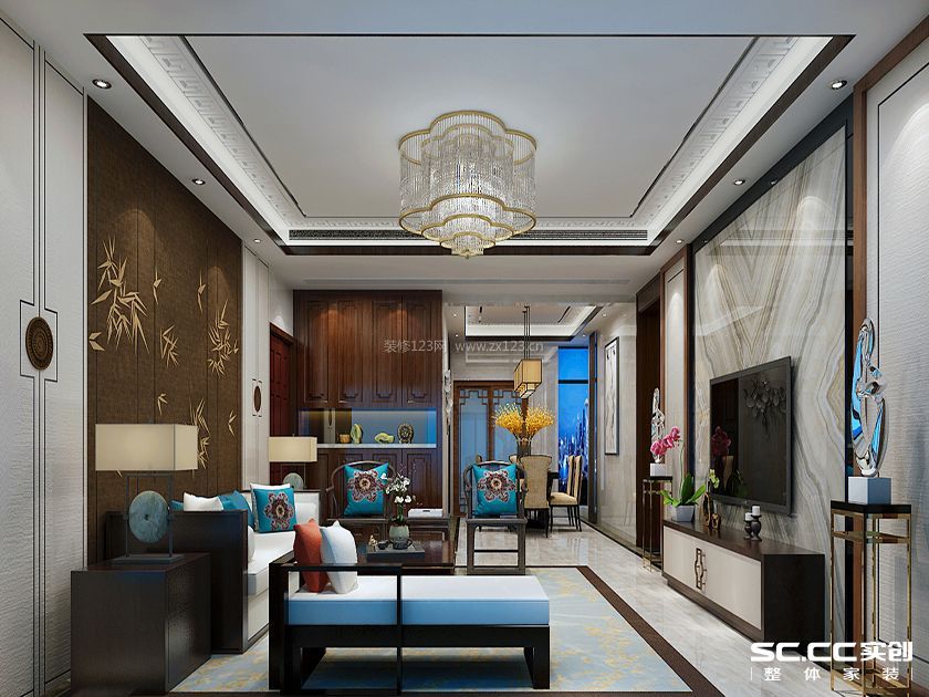2020新中式风格客厅示意图 客厅沙发墙装饰图