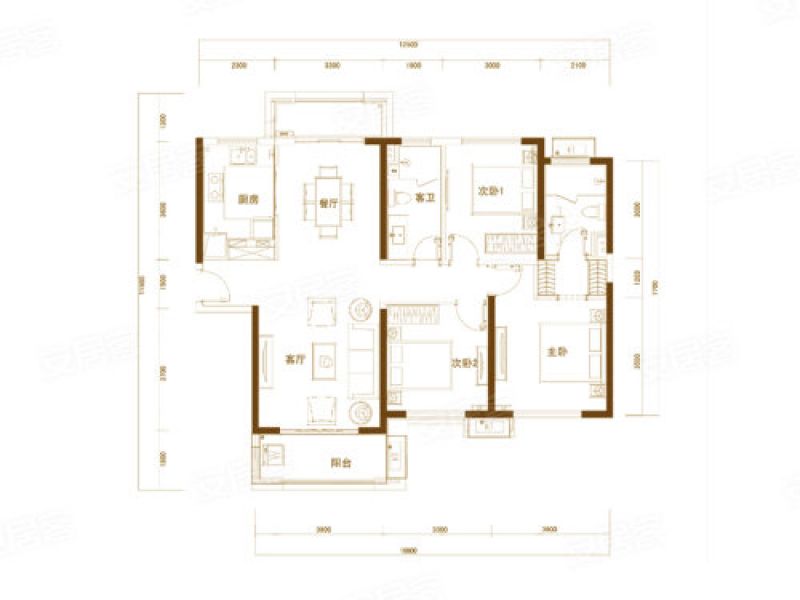 G-A4户型， 3室2厅2卫1厨， 建筑面积约134.58平米
