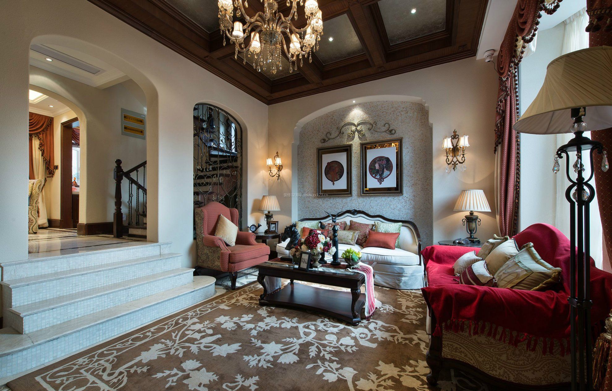 美式风格样板房别墅客厅错层台阶设计装饰图片