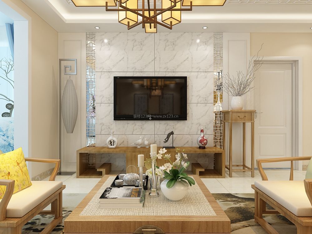 中式新古典客厅瓷砖电视墙背景装修效果图