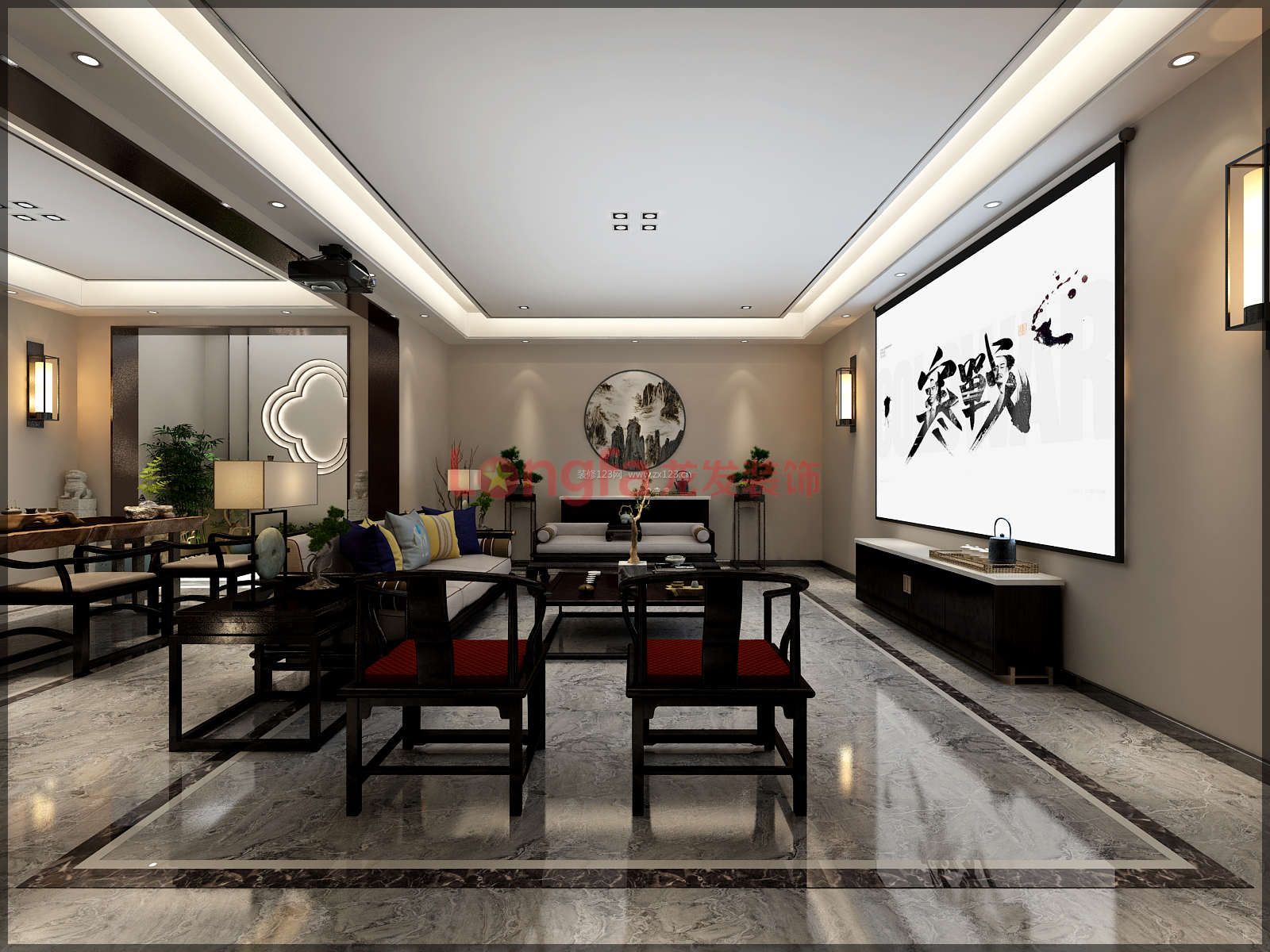 新中式别墅客厅投影电视墙装修效果图