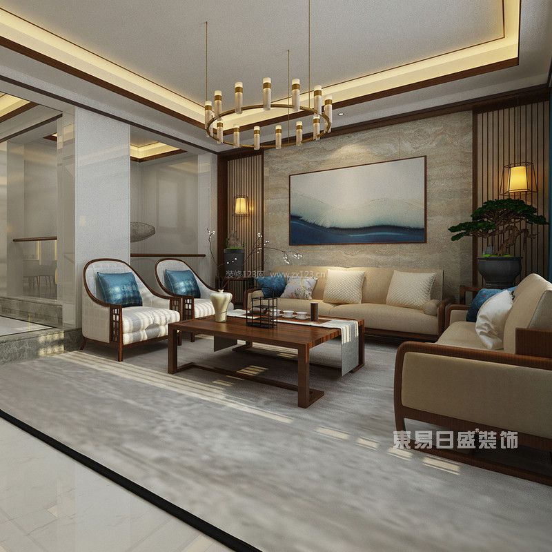重庆鲁能F街区新中式风格260平客厅装修效果图