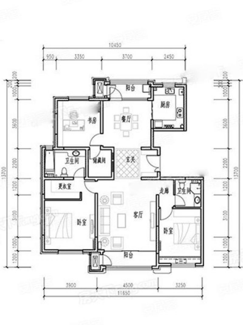 B-3-5a户型， 3室2厅2卫1厨， 建筑面积约152.00平米
