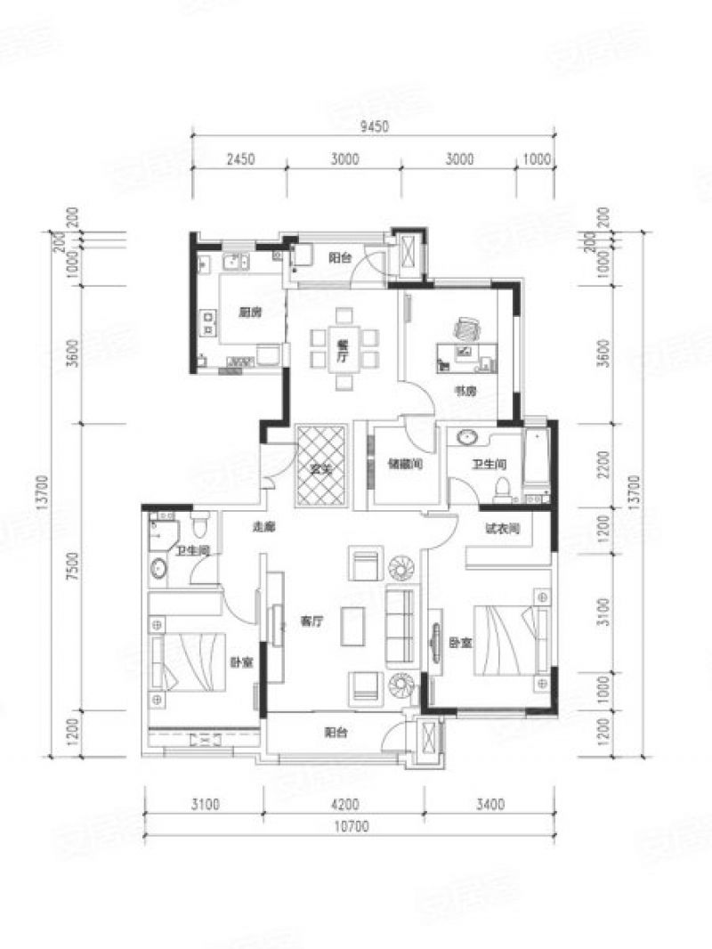 花园平墅A-3C户型， 3室2厅2卫1厨， 建筑面积约137.00平米