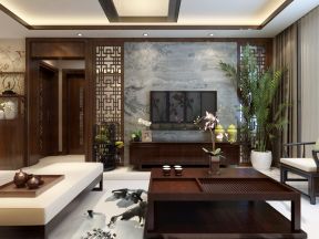 新中式风格四居客厅大理石电视墙设计效果图