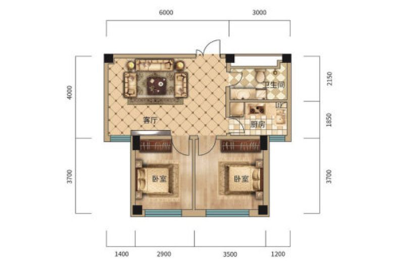 75㎡户型， 2室2厅1卫1厨， 建筑面积约75.00平米