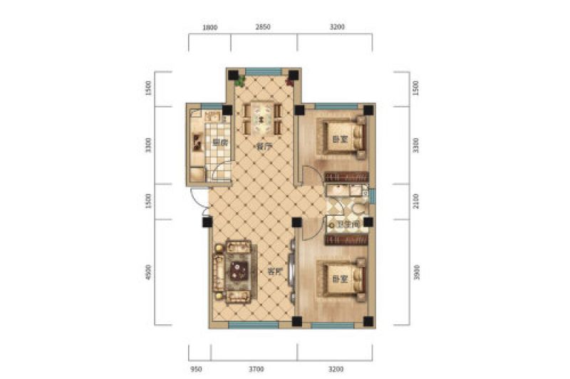 93㎡户型， 2室2厅1卫1厨， 建筑面积约93.00平米