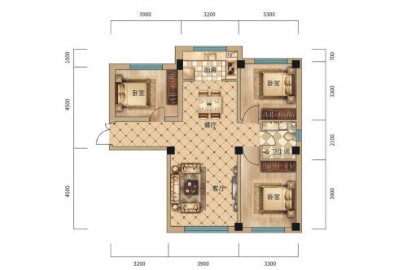 106㎡户型， 3室2厅1卫1厨， 建筑面积约106.00平米