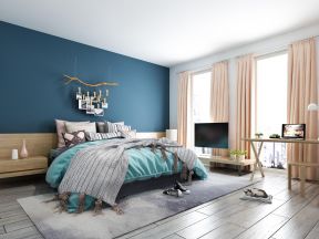 现代北欧风格卧室蓝色背景墙装修效果图