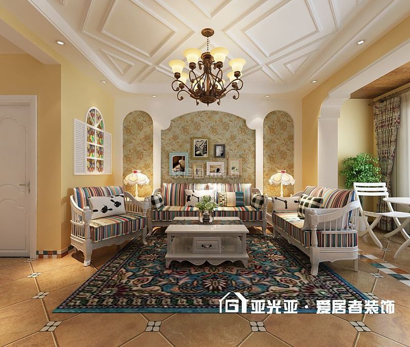 100平两居美式风格客厅沙发背景墙装修效果