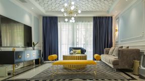 现代法式风格客厅深蓝色窗帘搭配图片