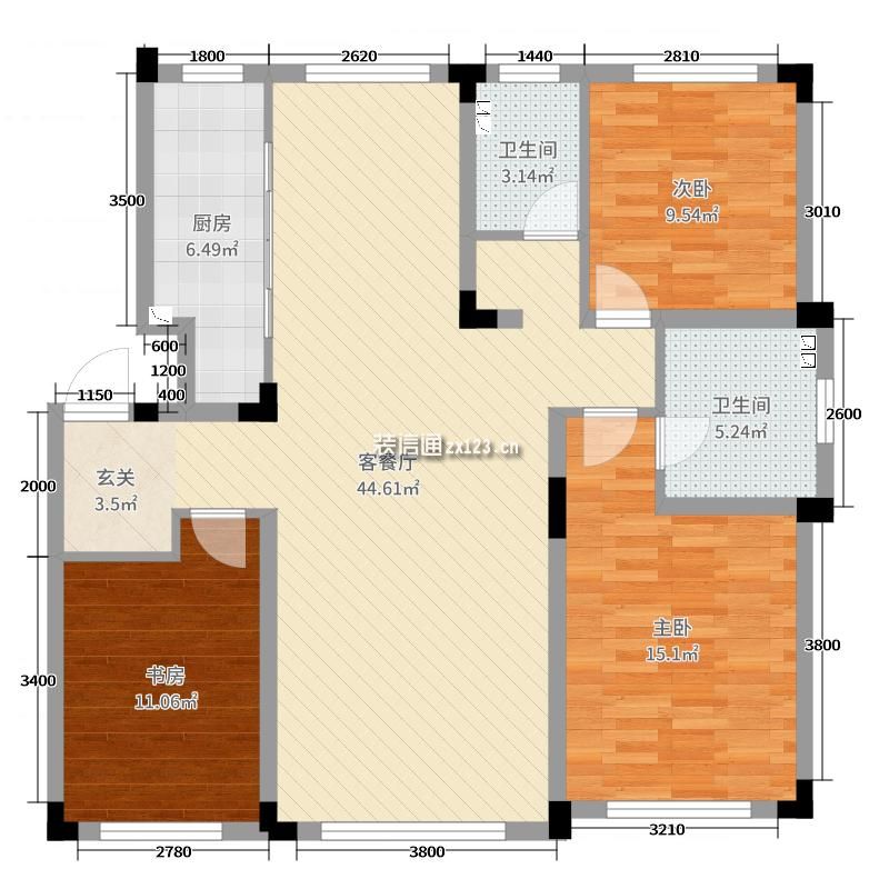 亚泰山语湖3室2厅2卫1厨120.00㎡户型图