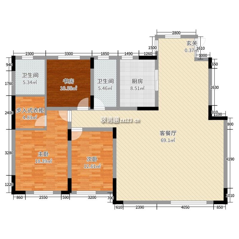 亚泰山语湖3室2厅2卫1厨175.00㎡户型图