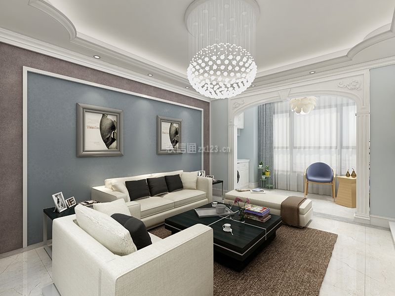 现代风格客厅沙发蓝色背景墙装修效果图