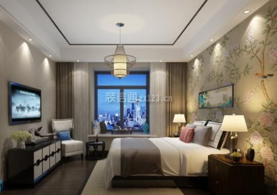 新中式风格卧室床头壁纸装修设计效果图