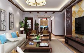 新中式风格客厅实木茶几摆放效果图