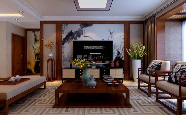 新中式风格客厅彩绘电视墙装修设计效果图