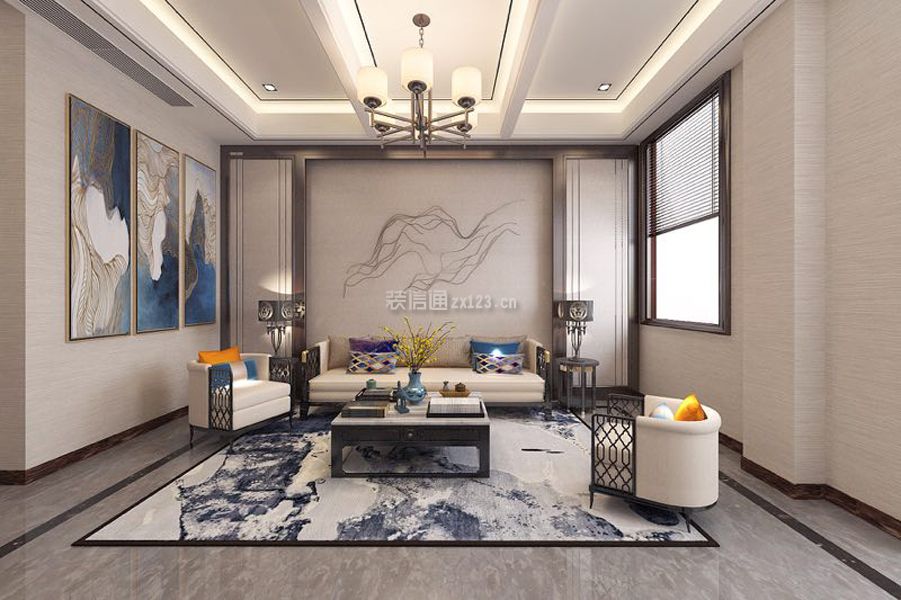 2023新中式别墅客厅沙发墙装修效果图