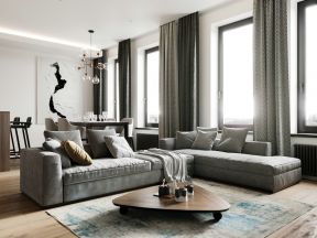 灰色沙发客厅效果图 异形茶几装修效果图片 木茶几设计