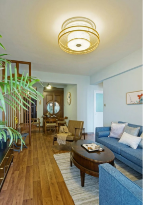 现代中式风格客厅蓝色沙发装修设计图片