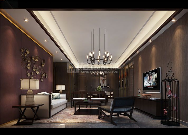金碧梦苑120平米三居室新中式风格装修客厅效果图