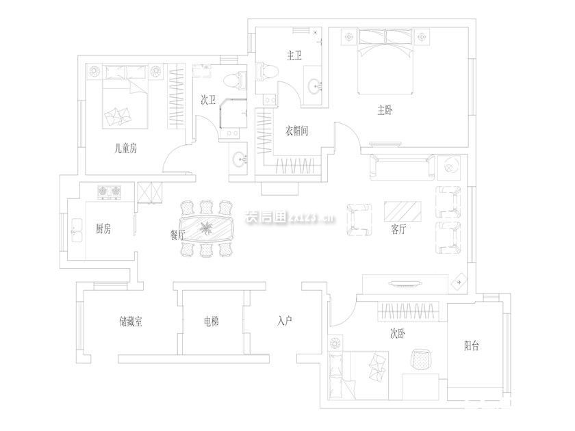 世紀(jì)瑞庭新中式四居155㎡裝修戶型圖