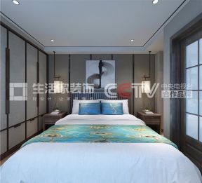140平三居新中式风格卧室背景墙设计效果