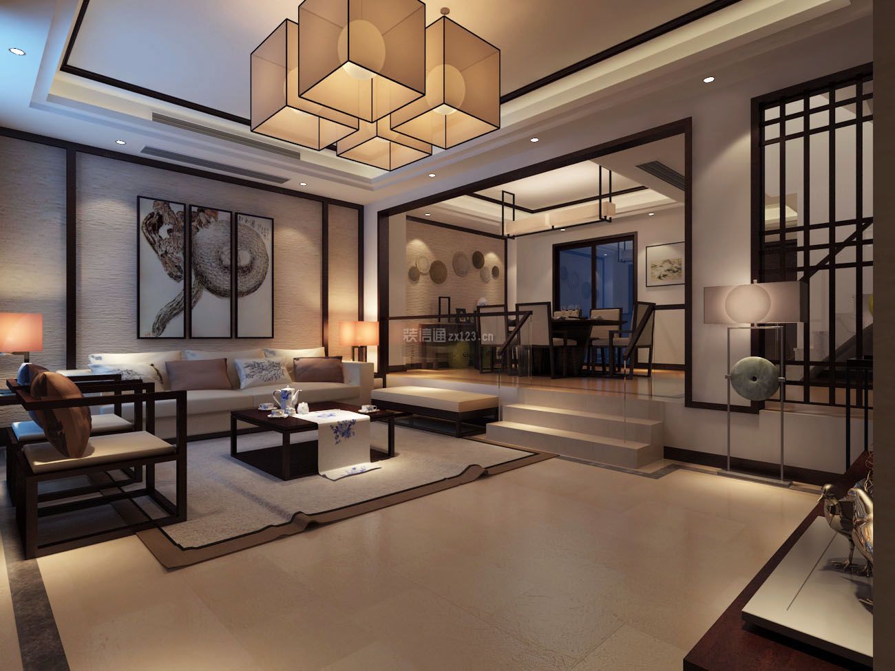 2023新中式风格别墅客厅沙发墙设计效果图