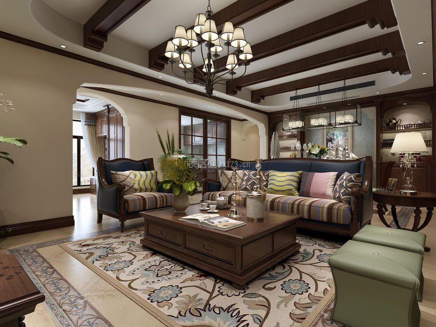 杭州美式风格别墅客厅实木茶几装潢设计
