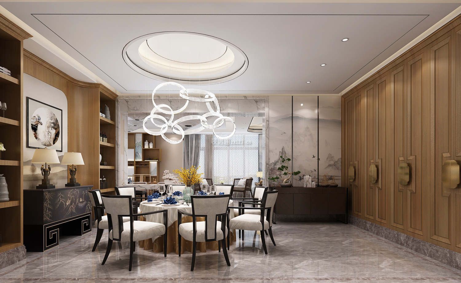 2023新中式别墅餐厅吊顶灯造型设计效果图