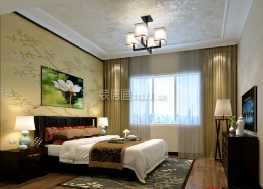 现代中式卧室布艺窗帘搭配设计效果图