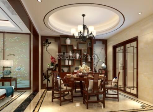 新中式风格三居室餐厅吊顶设计效果图片