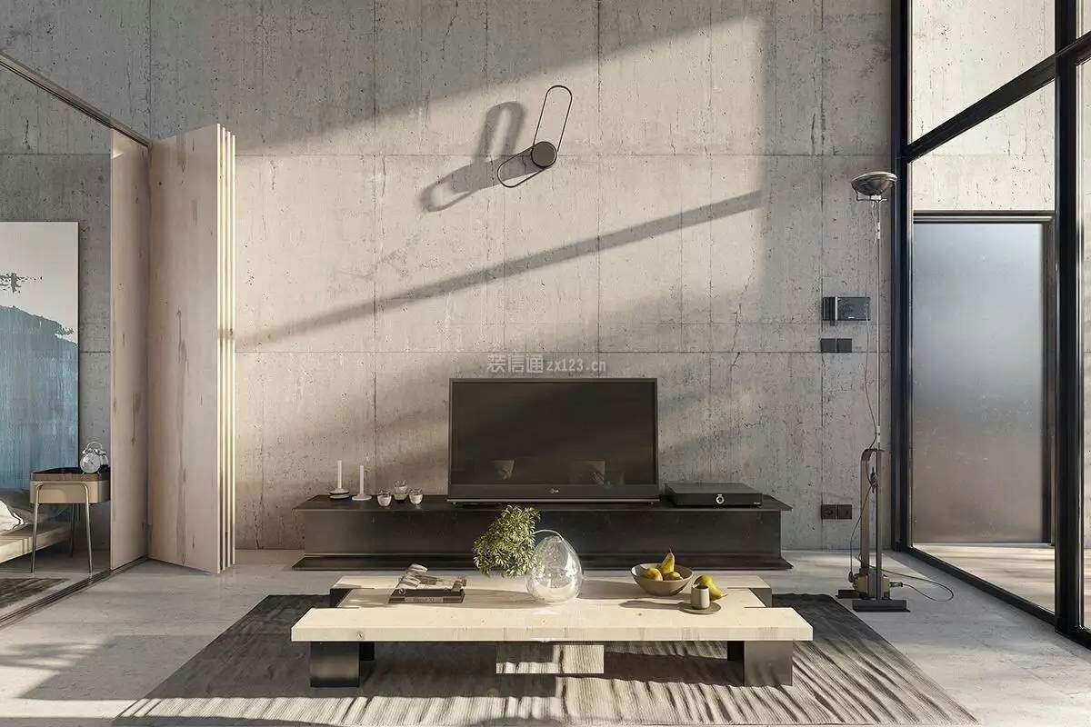 现代工业风跃层客厅电视墙设计效果图