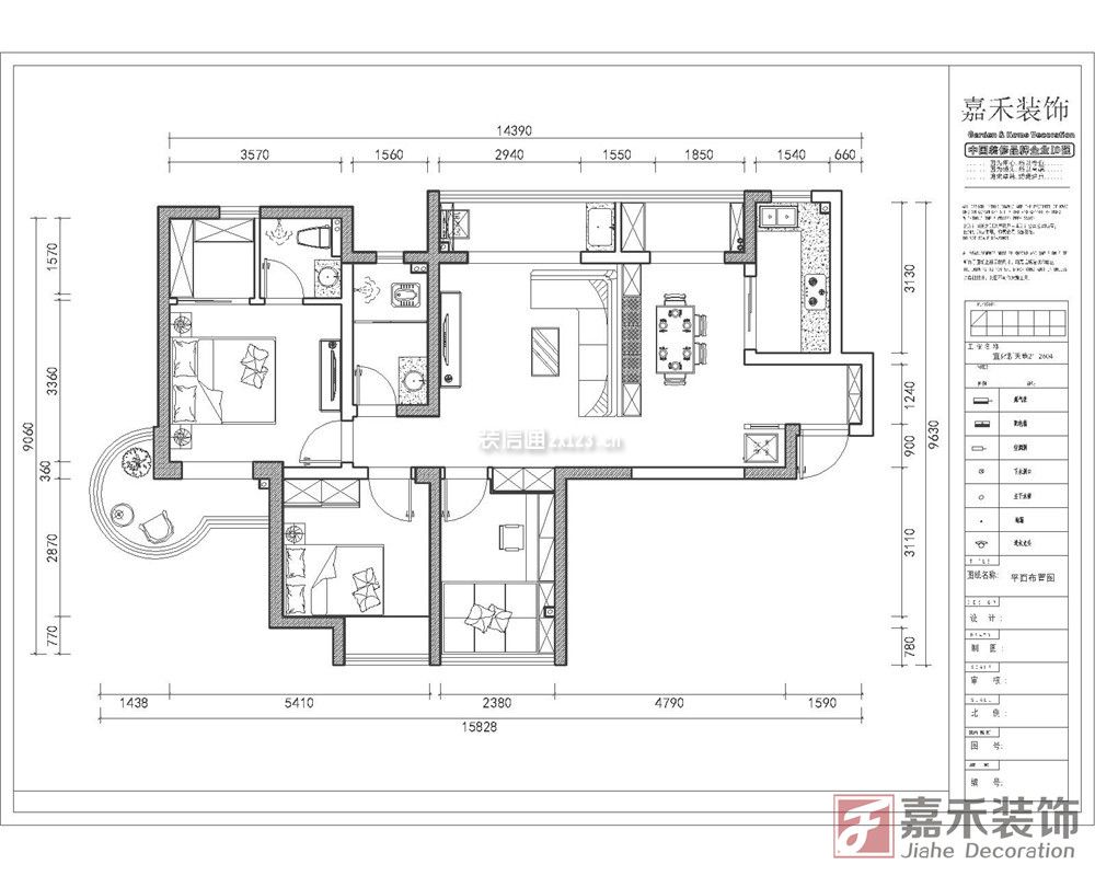 114平米三居室户型平面图