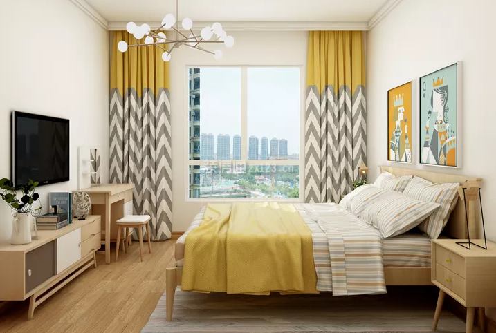 现代北欧120平米三居卧室布艺窗帘装修效果图